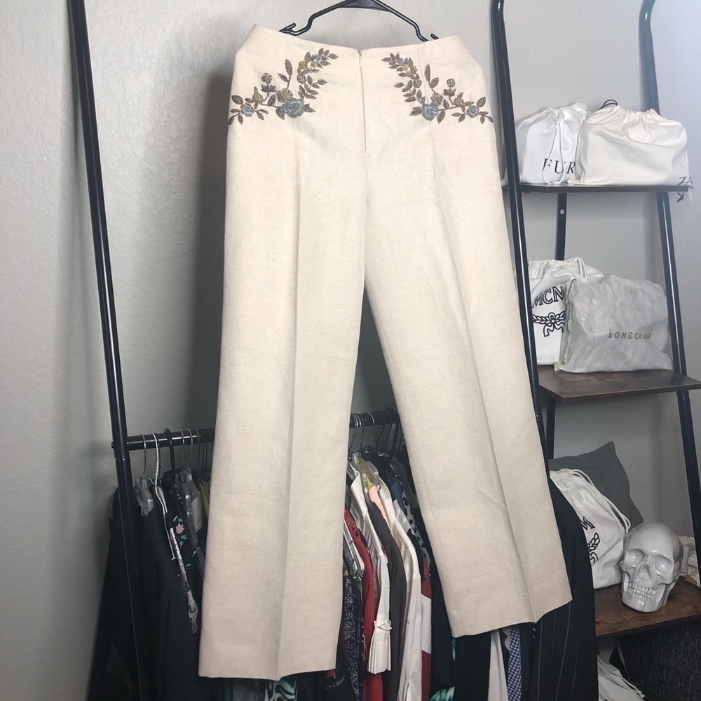 VALENTINO Boutique Embroidered Beaded Linen Wide Leg Trousers
